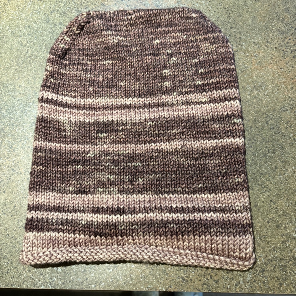 Hand knit, merino wool striped purples/marion variegated loose Knit Beanie